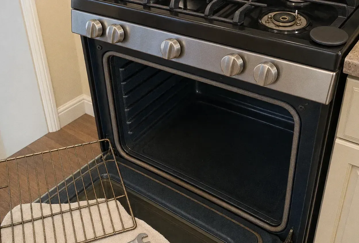 Stainless range with the oven door open on an empty cavity and a wire rack standing on the wood floor beside it