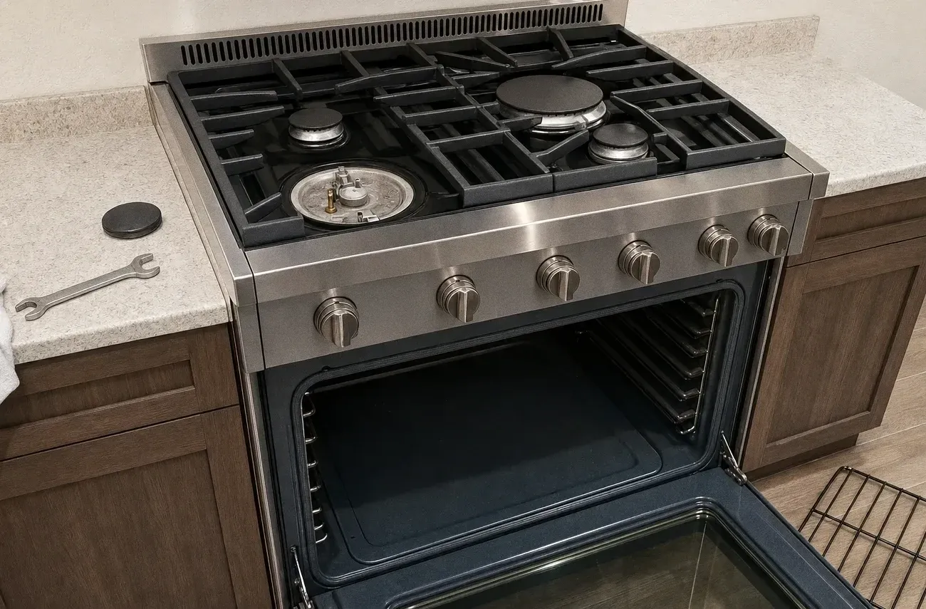 Gas cooktop with one burner cap lifted off and resting on the stone counter beside a wrench, oven open below