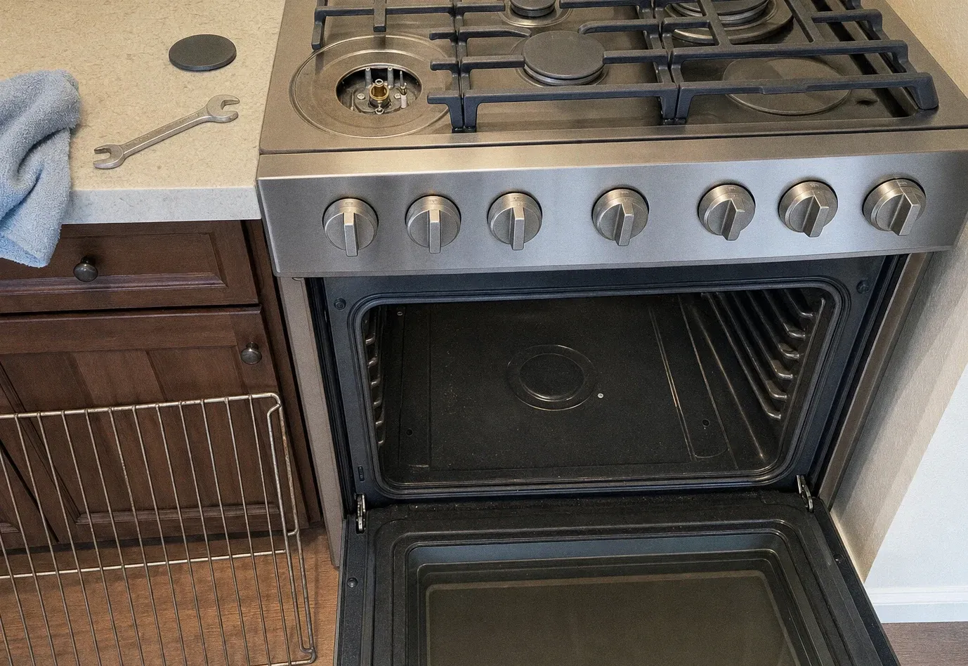 Range seen head-on with the oven door open, the round element cover visible on the cavity floor and a rack on the floor