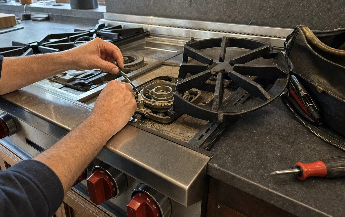 A hand holding a screwdriver at an exposed gas burner base, the cast grate lifted off to one side
